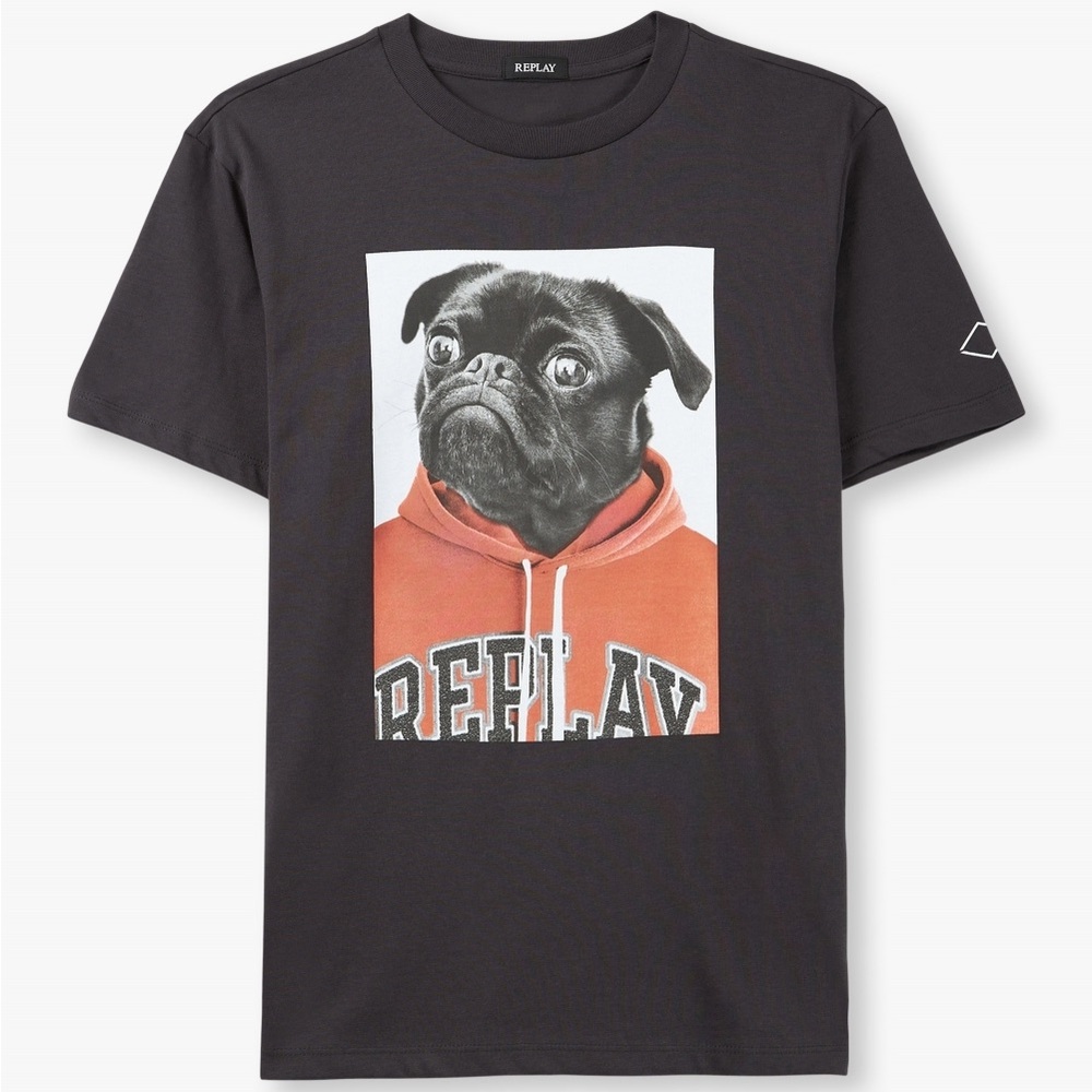 Replay Black Tee with Dog in Orange Hoodie